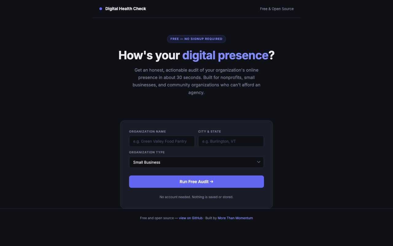 Screenshot of the Digital Health Check — the live audit tool from Main Street AI